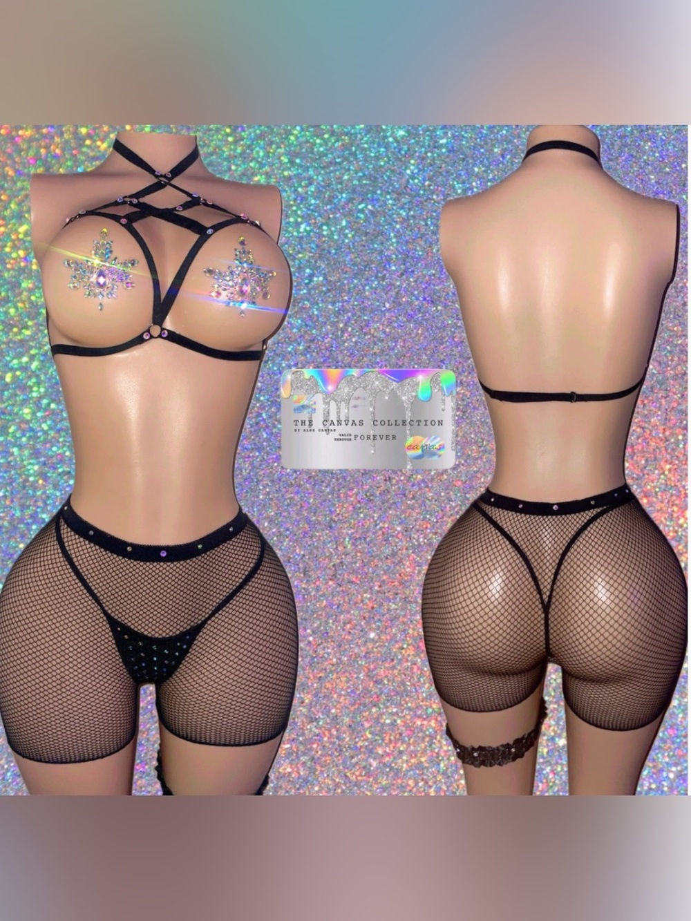 EXOTIC DANCEWEAR: Black Harness 4 piece set with Rhinestone Accents & pasties